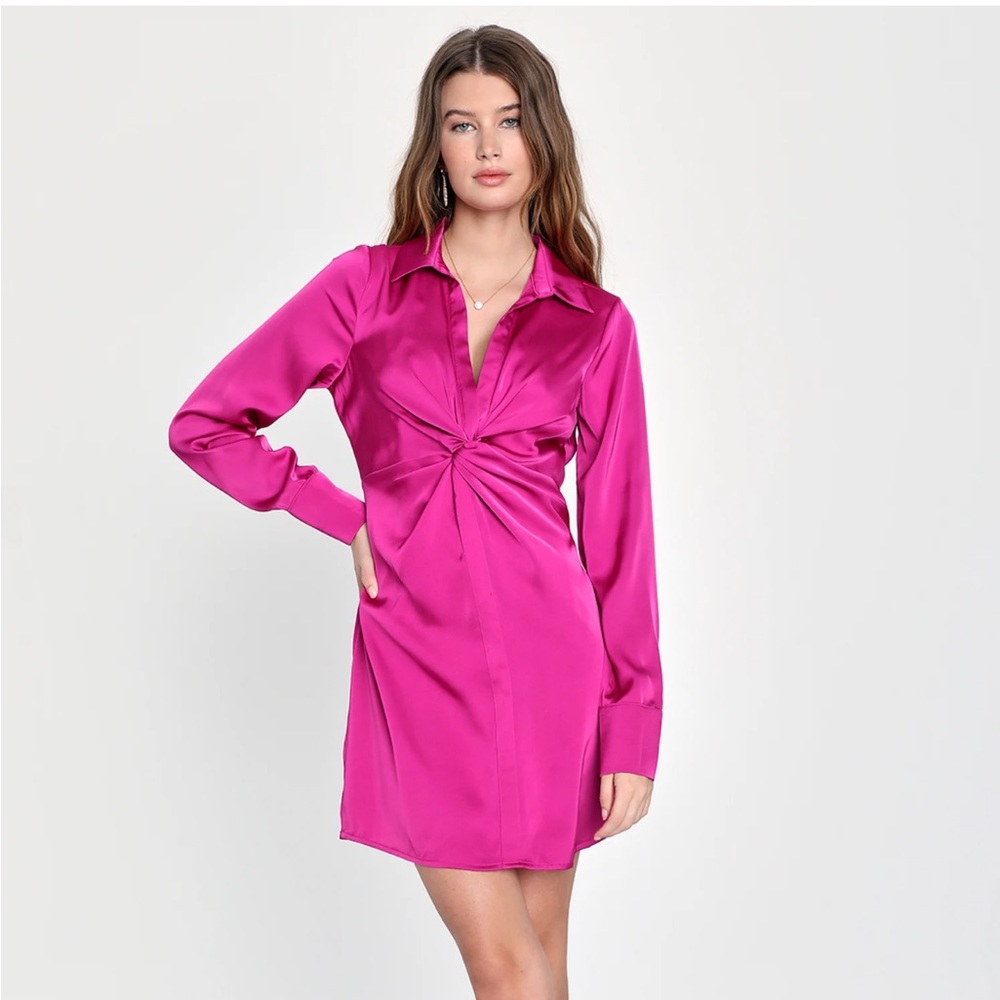 Poshest Presence Magenta Satin Twist-Front Collared Mini Dress